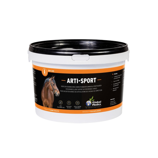 Arti Sport equine joint health supplement container with a horse image and Global Medics branding.
