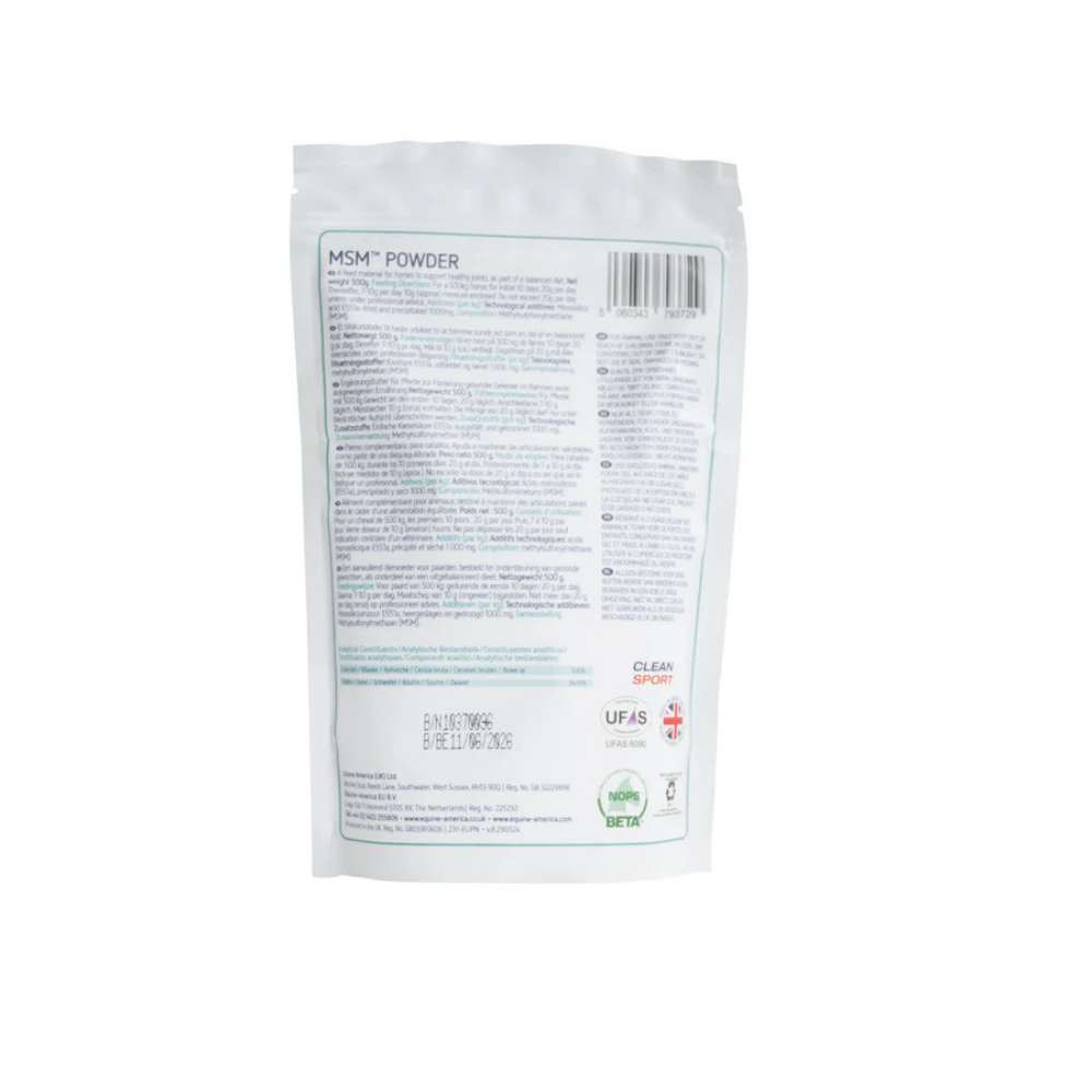 Back packaging of MSM POWDER by Equine America showing nutritional information and usage instructions.