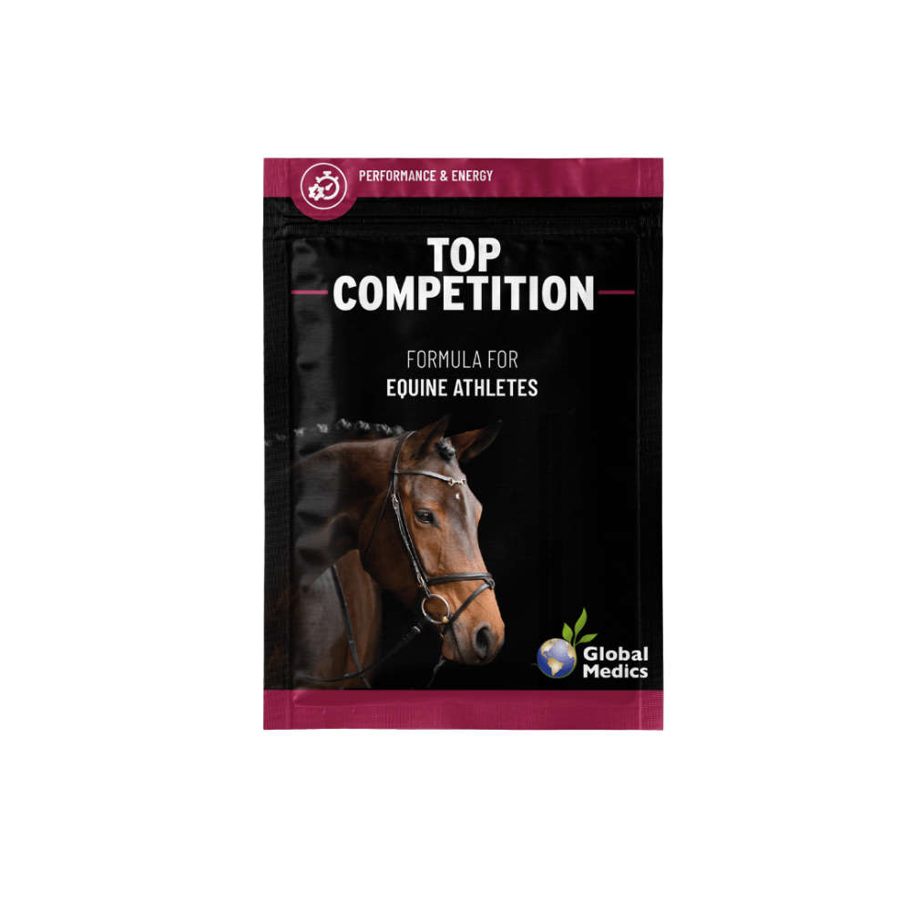 Top Competition supplement packaging for equine athletes by Global Medics.