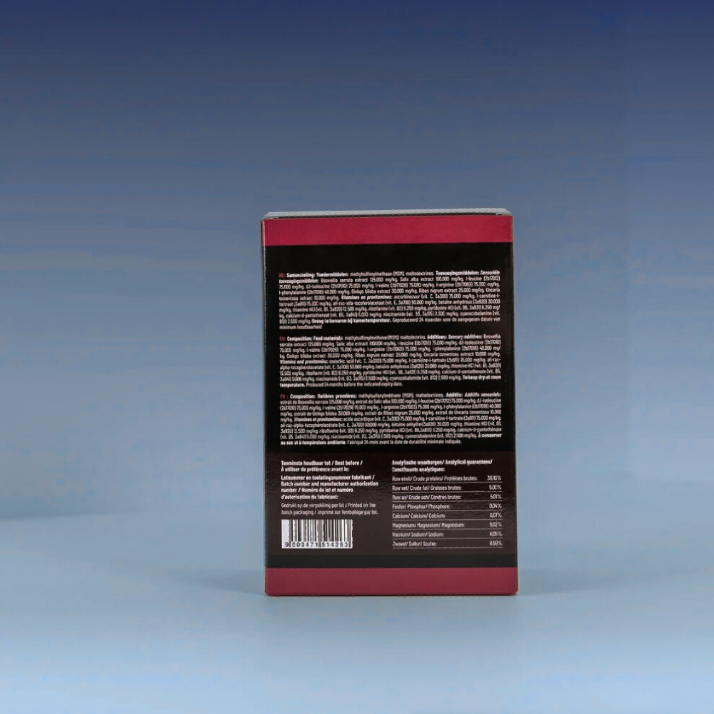 Back view of Top Competition Endurance & Recovery-GM supplement box displaying nutritional information.