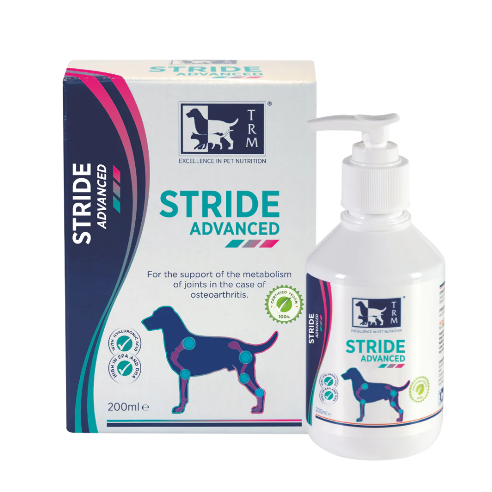 Packaging of STRIDE ADVANCED for joint support in dogs with osteoarthritis, featuring a liquid solution and dosage pump.
