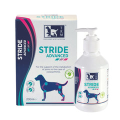 Packaging of STRIDE ADVANCED for joint support in dogs with osteoarthritis, featuring a liquid solution and dosage pump.