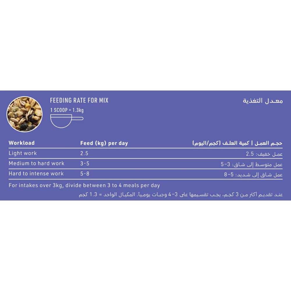 ENDURO SPEED feeding rate chart showing recommended daily feed based on workload for optimal performance.