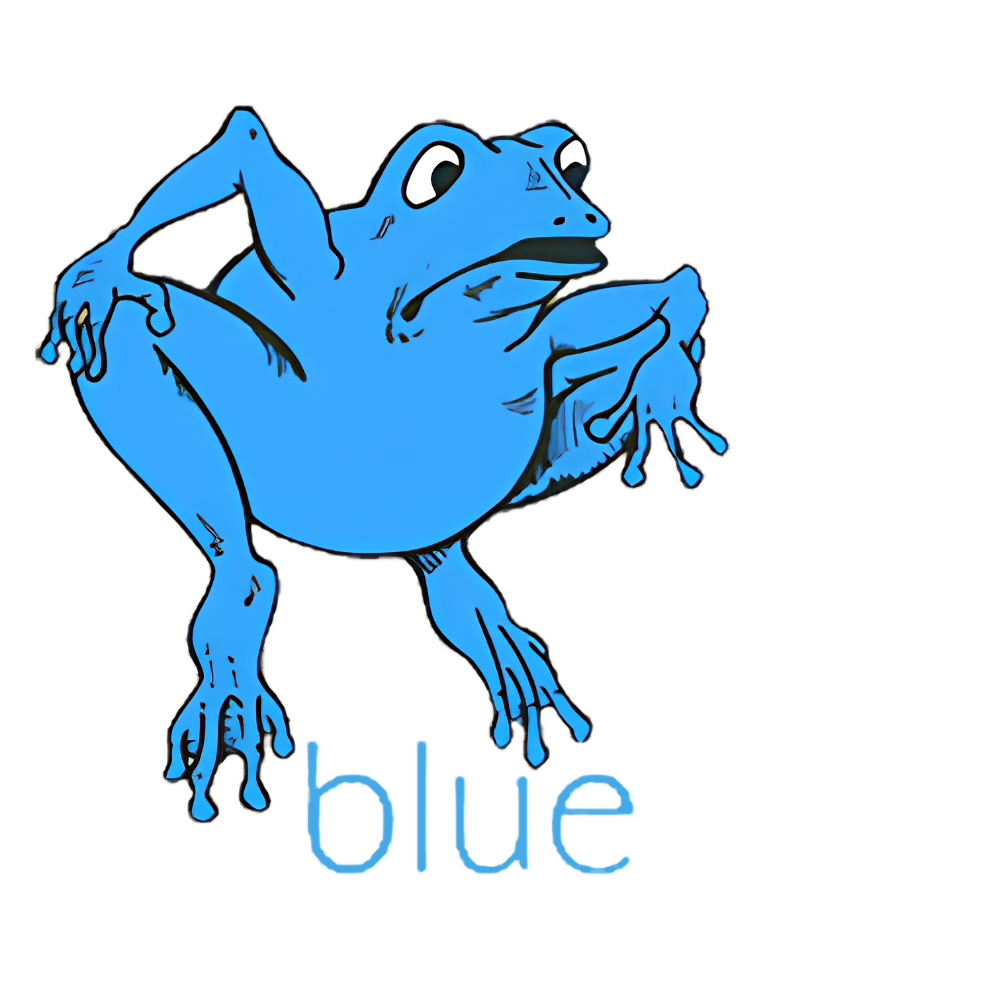 Illustration of a blue frog with the word 'blue' beneath, representing the BLUE FROG branding.