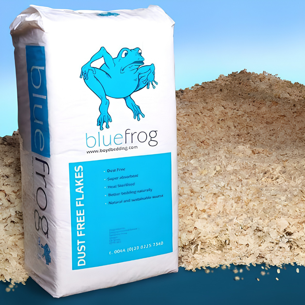 BLUE FROG horse bedding bag by Boyd Bedding, featuring dust-free flakes, ideal for a clean and comfortable stable.