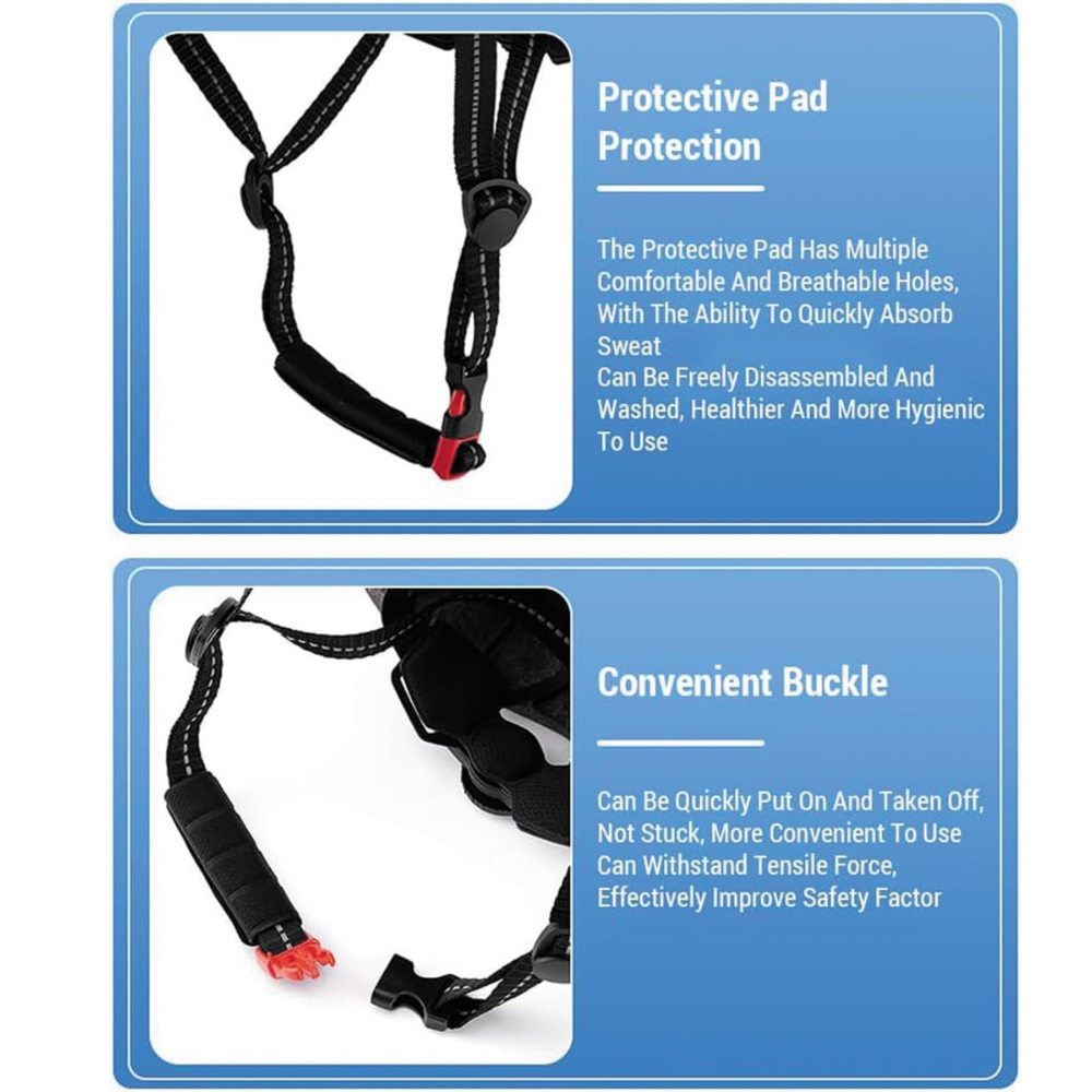 Protective pad and convenient buckle features of the Alzarrab Ucaco AetherLite Plus Riding Helmet.