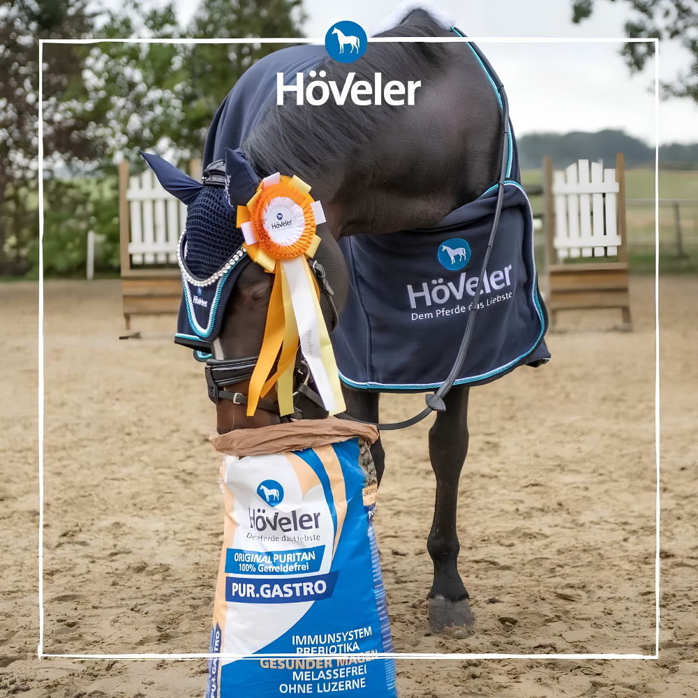 Horse with Höveler blanket beside PUR.GASTRO feed bag, promoting grain-free nutrition for sensitive stomachs.