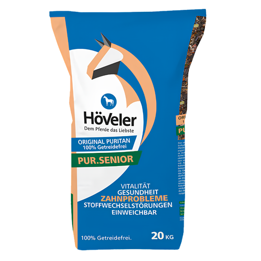 Höveler PUR.SENIOR premium grain-free horse feed for ageing horses in a 20 kg bag.