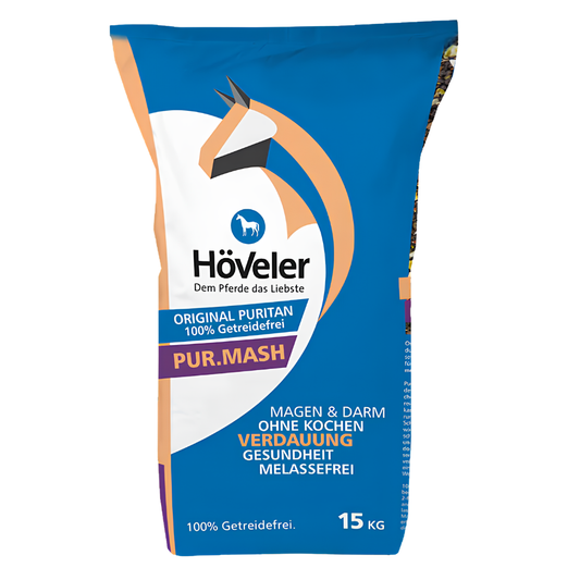 Höveler PUR.MASH herbal muesli for horses in a blue bag, grain-free and molasses-free, 15 kg.