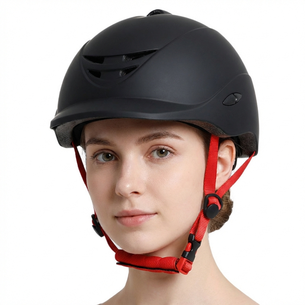 A model wearing the Alzarrab Ucaco AeroLite Pro Riding Helmet in matte black with red straps.