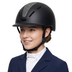 Ucaco AeroCore Riding Helmet – Lightweight & Ventilated by Alzarrab worn by a smiling rider in a navy jacket.