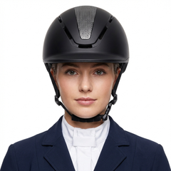 Ucaco AeroCore Riding Helmet – Lightweight & Ventilated, worn by a rider in a navy outfit.