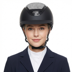 Ucaco Celestia Luxe Riding Helmet on a woman, showcasing luxury and safety features of Alzarrab in Dubai.