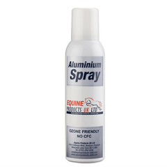 A bottle of Equine Products UK Aluminium Spray, 200ml, with labeling that includes the product name and a brief description.
