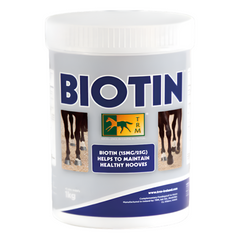 Biotin supplement container for horses with TRM branding on a white background