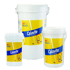 Three different sized buckets of horse feed supplement named Calavite, with yellow and blue labeling.