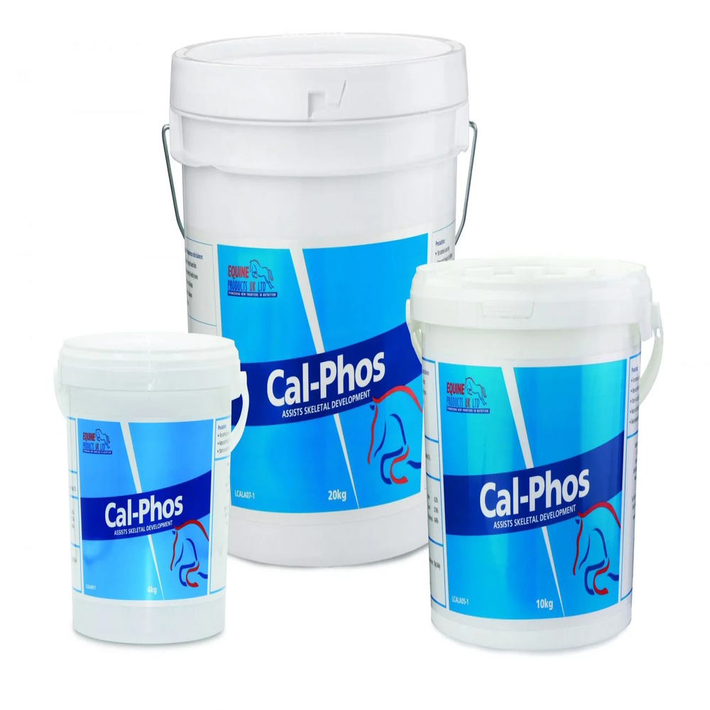 Three containers of CAL-PHOS horse feed additive in different sizes, with blue and white labeling.