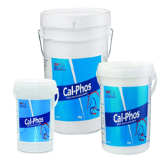 Three containers of CAL-PHOS horse feed additive in different sizes, with blue and white labeling.
