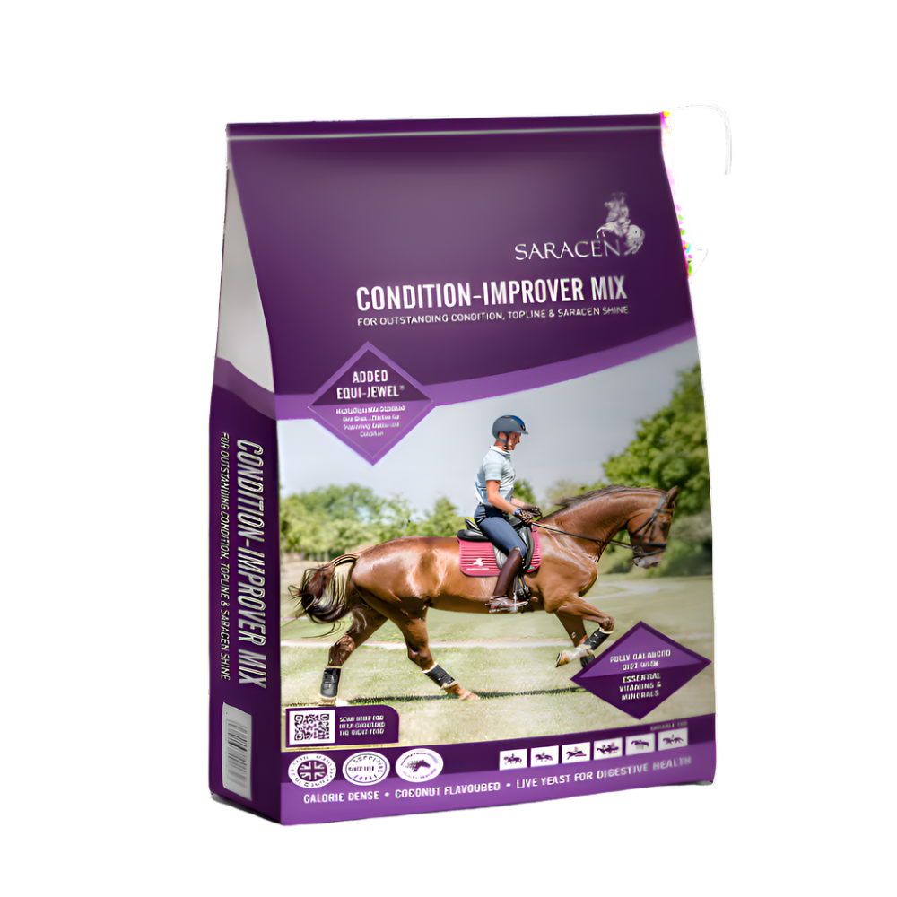 A bag of Saracen Condition-Improver Mix horse feed with an image of a horse and rider on the front.