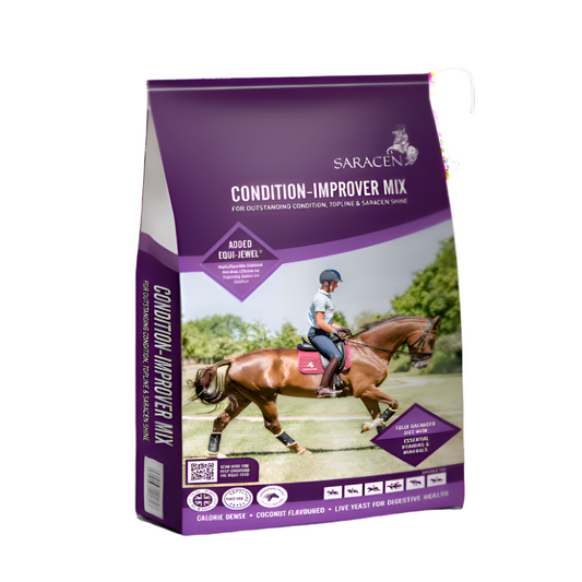 A bag of Saracen Condition-Improver Mix horse feed with an image of a horse and rider on the front.