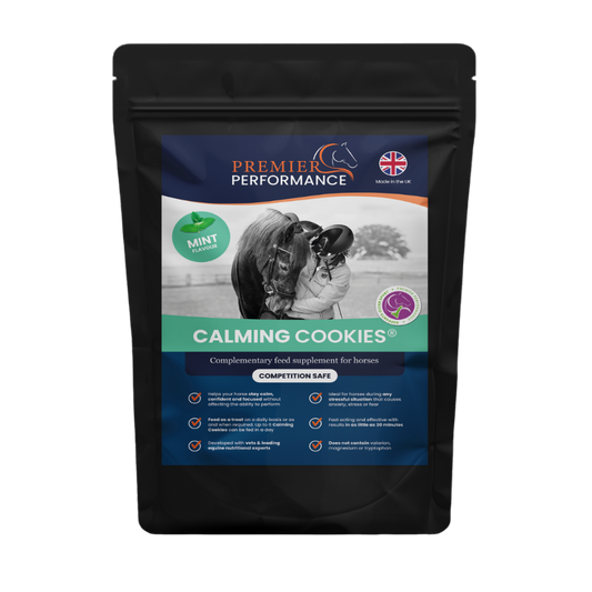 Calming Cookies® by Premier Performance, complementary feed supplement for horses, designed to support relaxation during stress.