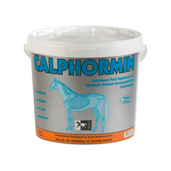 Bucket of Calphormin supplement for horses on a white background