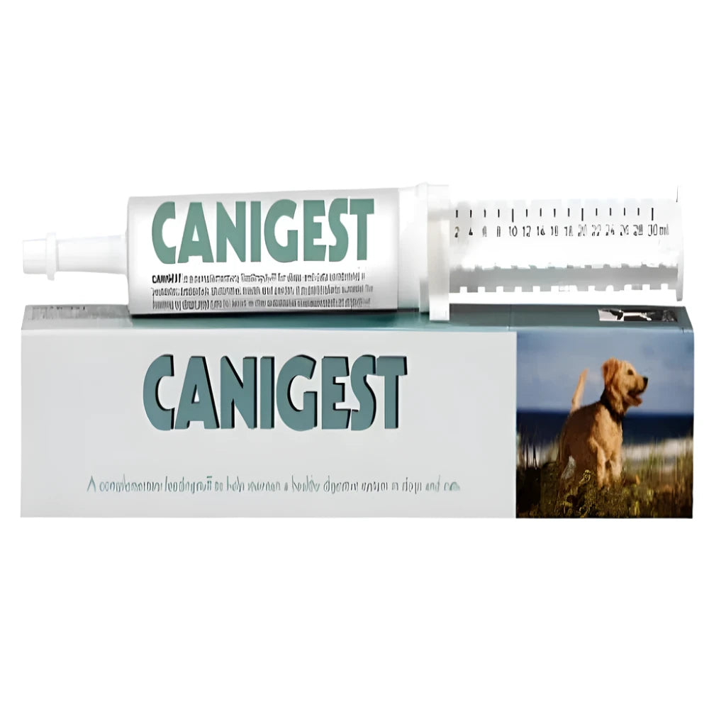A product packaging for TRM Canigest, showing the box and tube with information about the product being a complementary feeding stuff for dogs and cats.