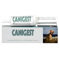 A product packaging for TRM Canigest, showing the box and tube with information about the product being a complementary feeding stuff for dogs and cats.