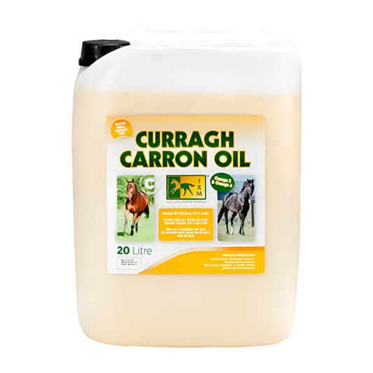 Curragh Carron Oil container with label on a white background