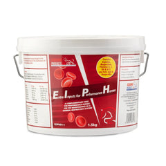 White bucket of EQUINE PRODUCTS UK horse feed with red and black label, featuring text and a logo. EIPH-EPUK