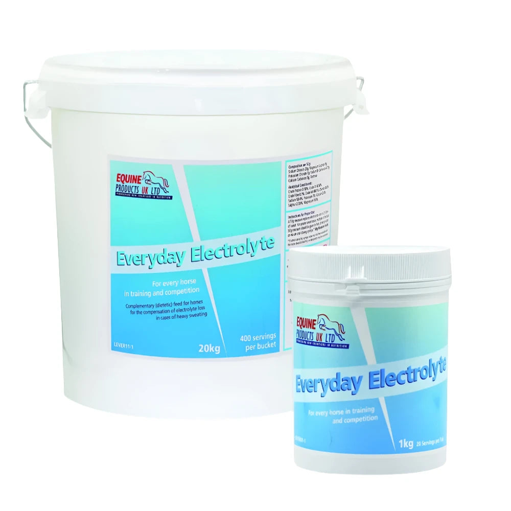 A 20 kg tub and a smaller container of horse electrolyte supplement with labels indicating the product name and usage.EVERYDAY ELECTROLYTE-20 KG-EPUK