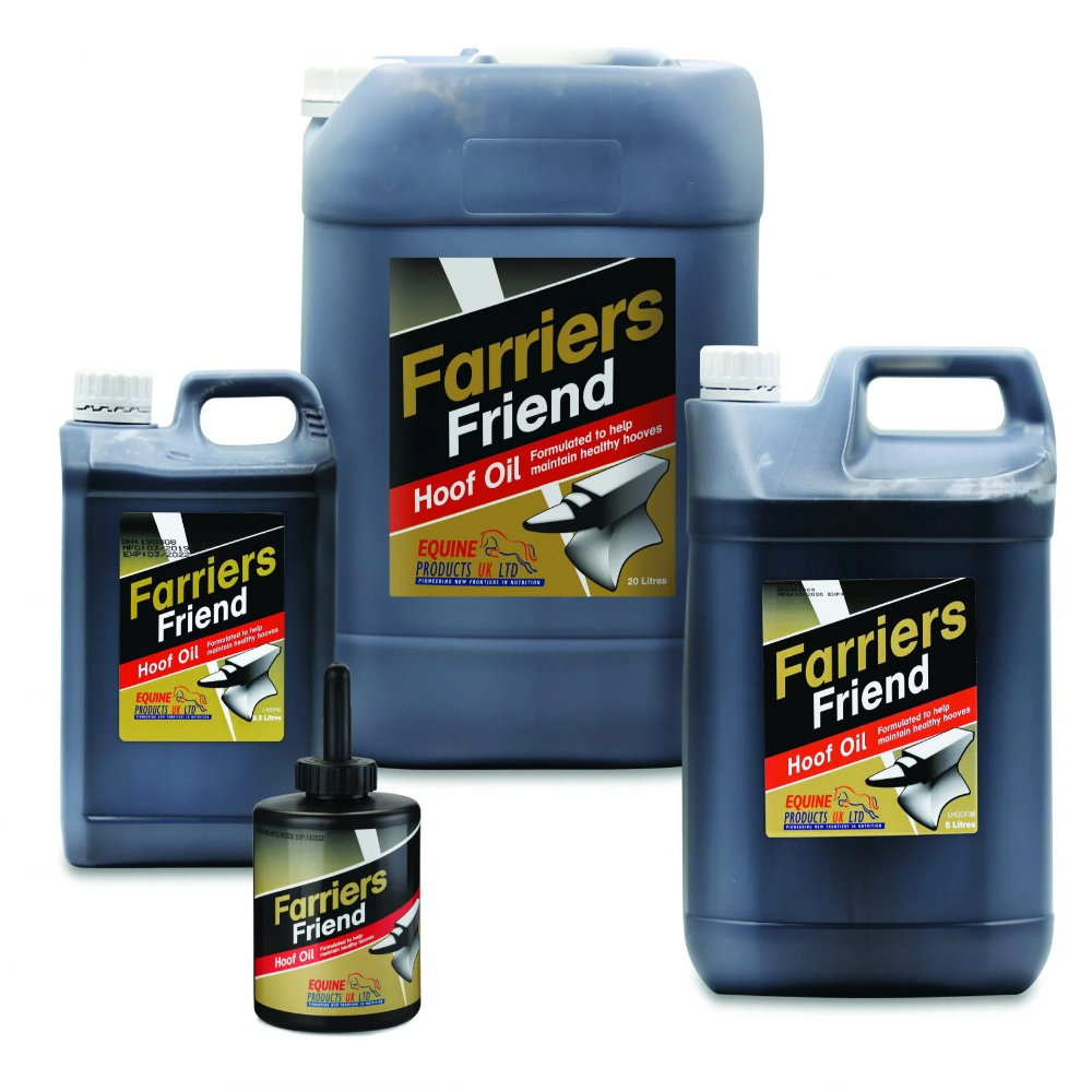 Containers of Farriers Friend hoof oil in various sizes, with labels indicating its use for hooves and quality finish.