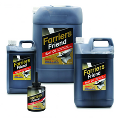 Containers of Farriers Friend hoof oil in various sizes, with labels indicating its use for hooves and quality finish.