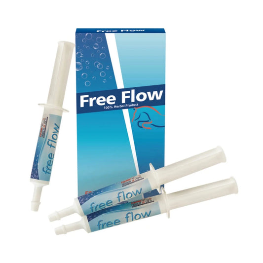 Packaging and syringes of Free Flow horse supplement, with branding and product information displayed.