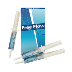 Packaging and syringes of Free Flow horse supplement, with branding and product information displayed.