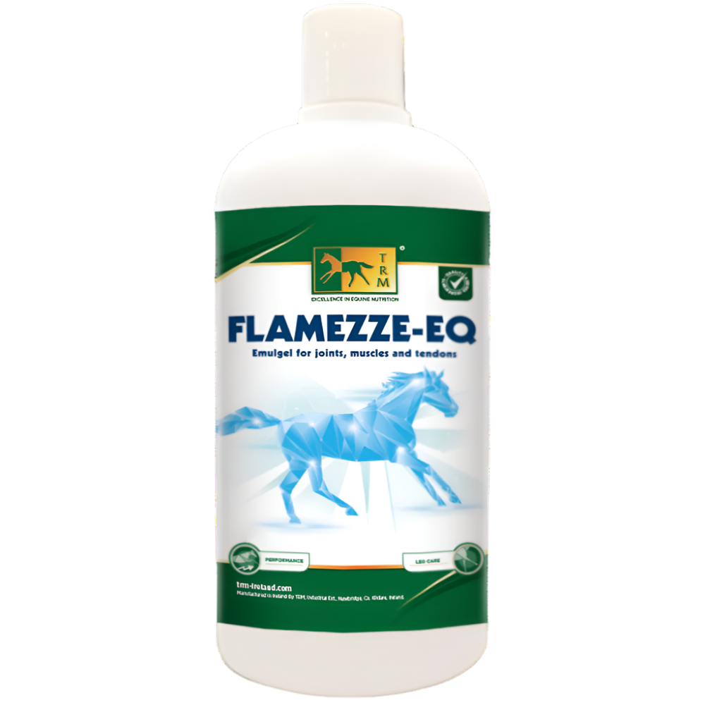 A bottle of FLAMEZZE-EQ-500 G-TRM, which is a topical emulgel for joints, muscles, and tendons.
