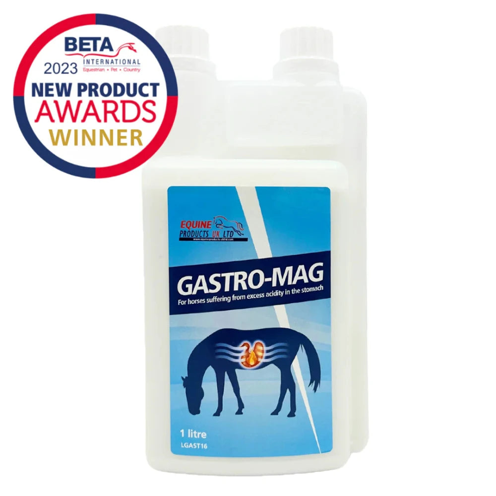 A bottle of GASTRO-MAG horse supplement with a label showing a horse and the text 'FOR HORSES SUFFERING FROM EXCESS ACIDITY IN THE STOMACH'. There is a 'BETA 2023 NEW PRODUCT AWARDS WINNER' badge on the top left.GASTRO-MAG-EPUK