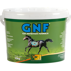 GNF Gut Nutrition Formula bucket with a horse on the label against a green background