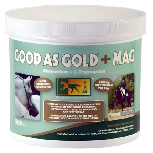 Container of GOOD AS GOLD+MAG-TRM supplement for horses with a white lid.