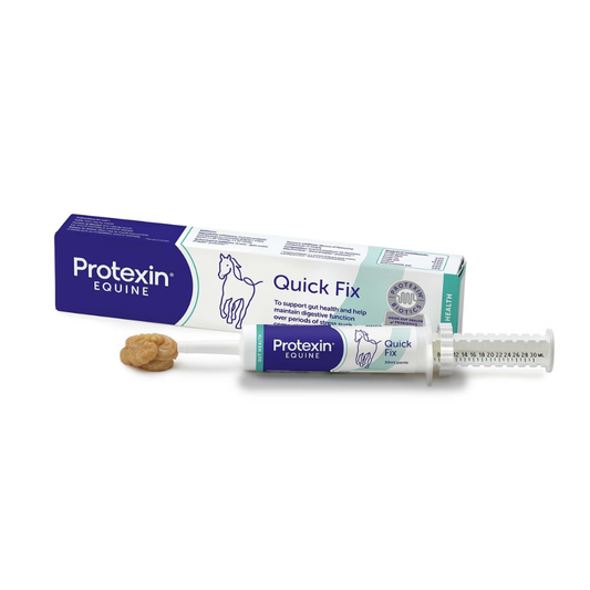 Protexin QUICK FIX probiotic feed supplement for horses in a syringe package, 30 mL.