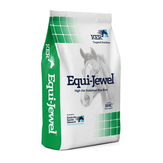 EQUI-JEWEL®-20 KG-KER USA bag of high-fat stabilised rice bran feed supplement for horses.