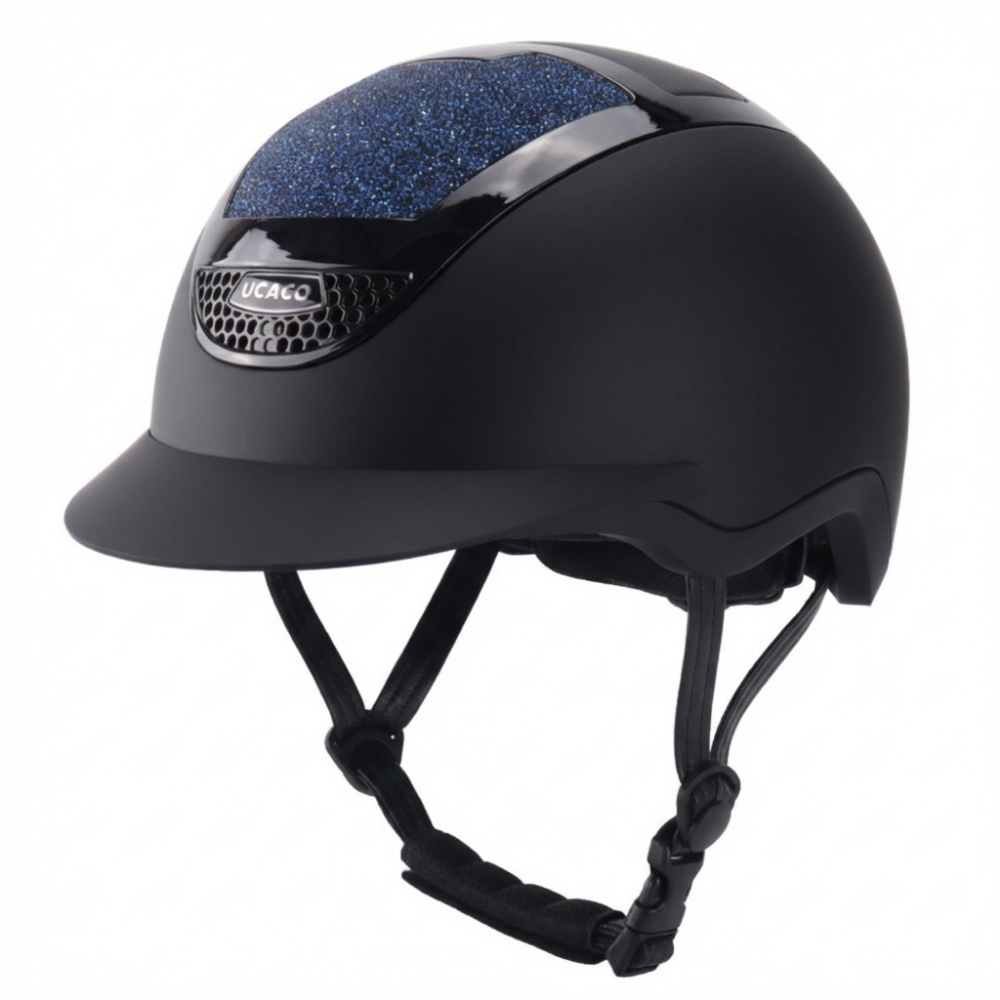 Ucaco Celestia Luxe Riding Helmet in sleek black design with a glittery blue top, perfect for equestrian safety and style.