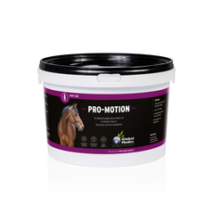 Container of Pro Motion, a mobility support supplement for horses by Global Medics in a black and purple design.