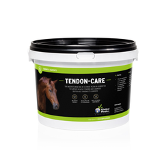 Tendon-Care supplement for healthy equine tendons and ligaments in a black and green container.