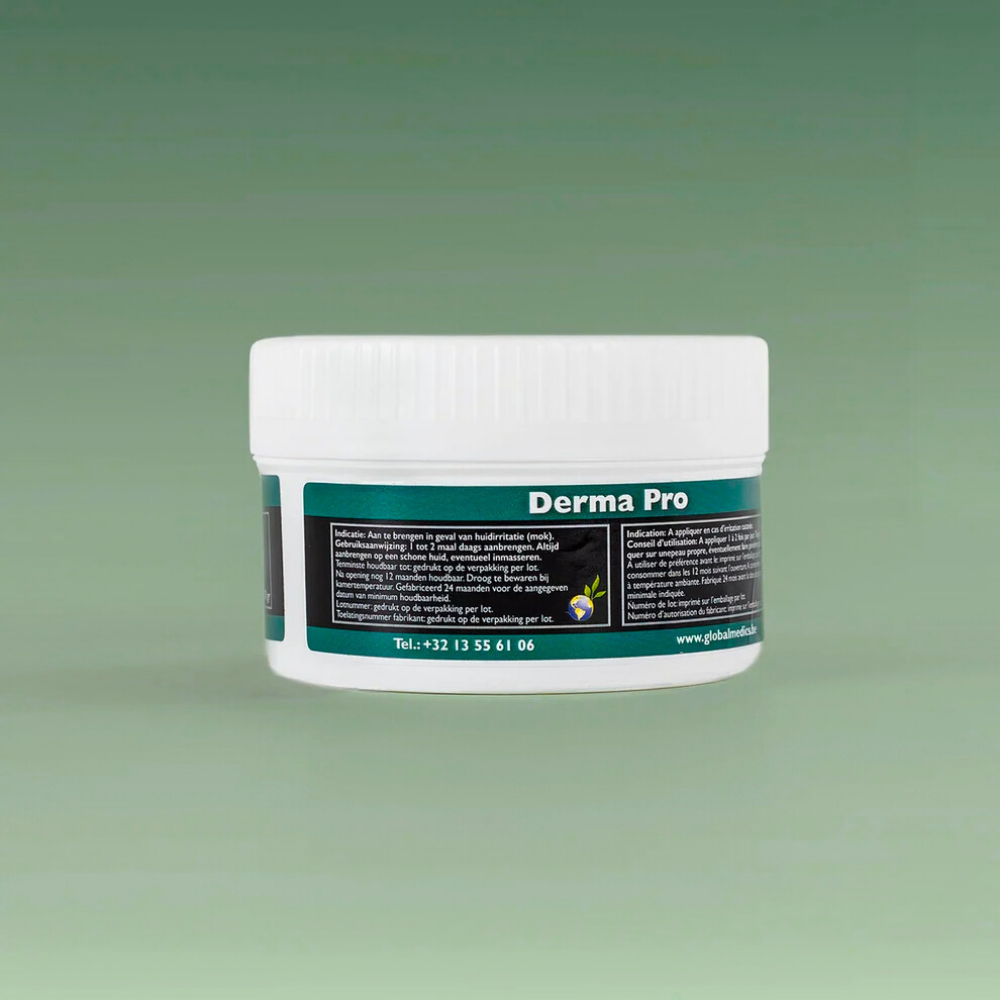 DERMA PRO skin repair and protection product in a jar against a soft green background.