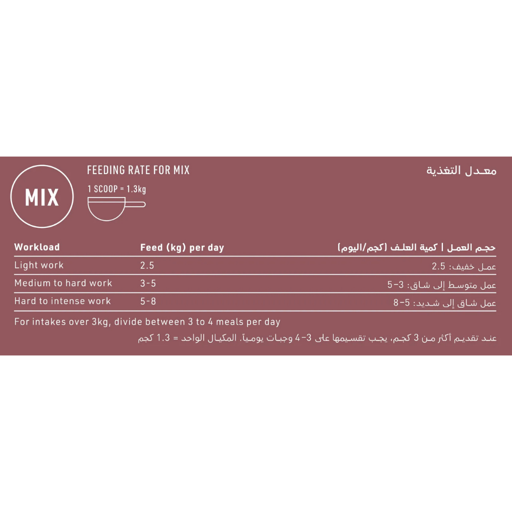 Feeding rate for MAINTENANCE MIX horse feed showing different workloads and recommended feed amounts.