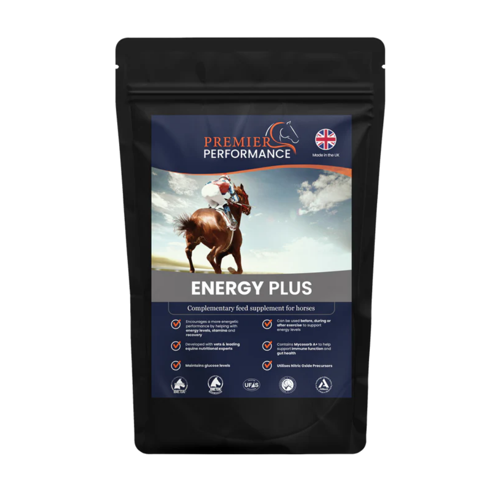 Energy Plus Powder by Premier Performance in black packaging for performance horses.