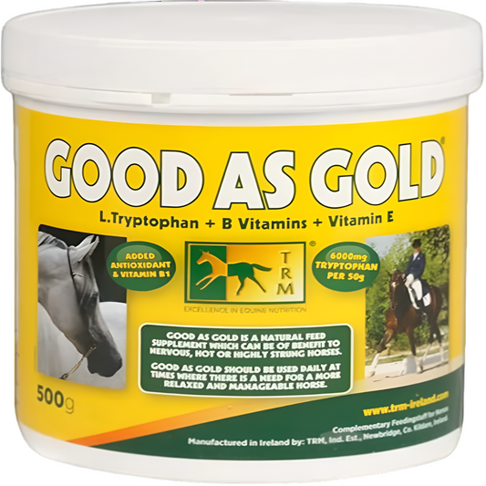Yellow container of 'Good As Gold' supplement for horses with TRM branding.
