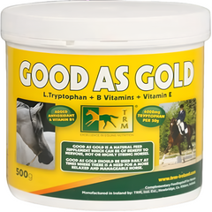 Yellow container of 'Good As Gold' supplement for horses with TRM branding.