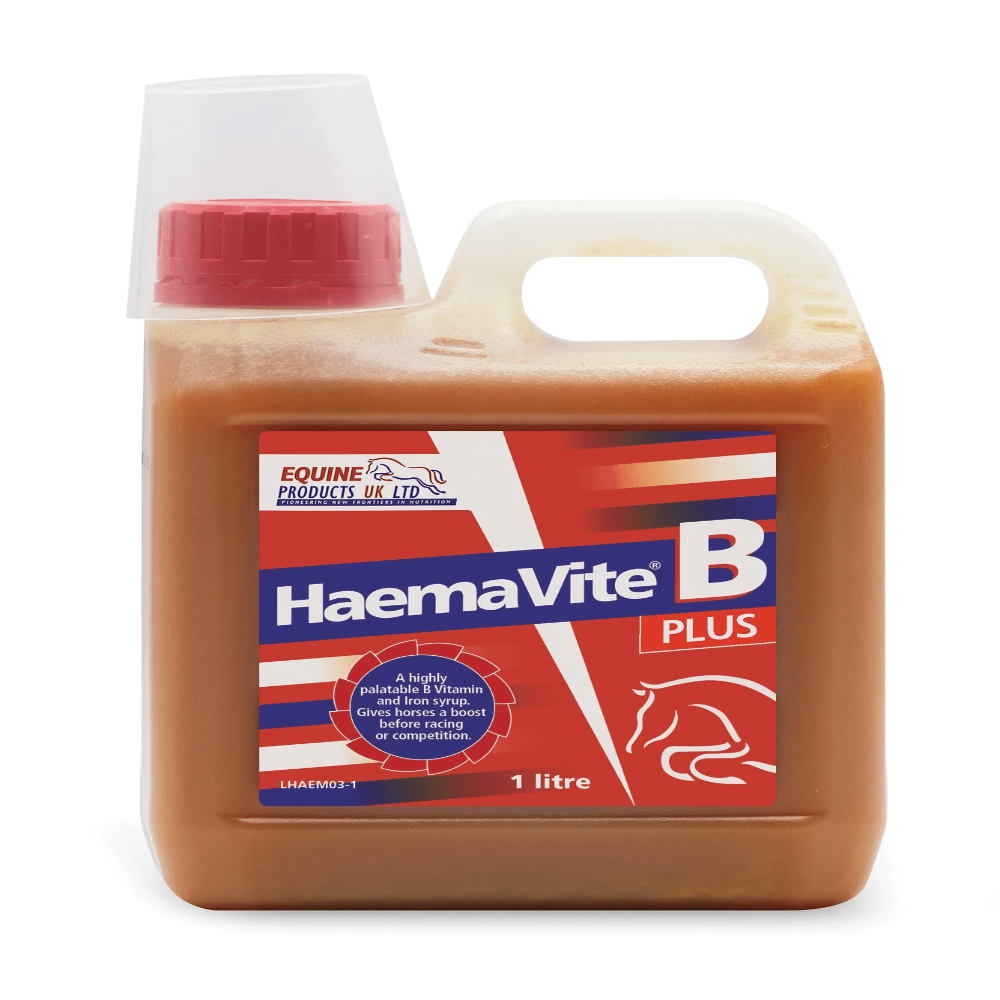 A bottle of HAEMAVITE B PLUS-EPUK horse supplement with a red cap on a white background.